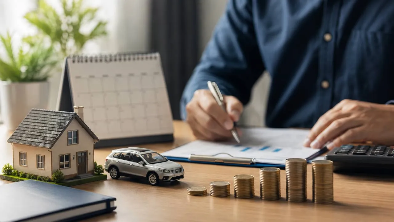 Casa e carro em miniatura ao lado de moedas, calendário e pessoa fazendo cálculos