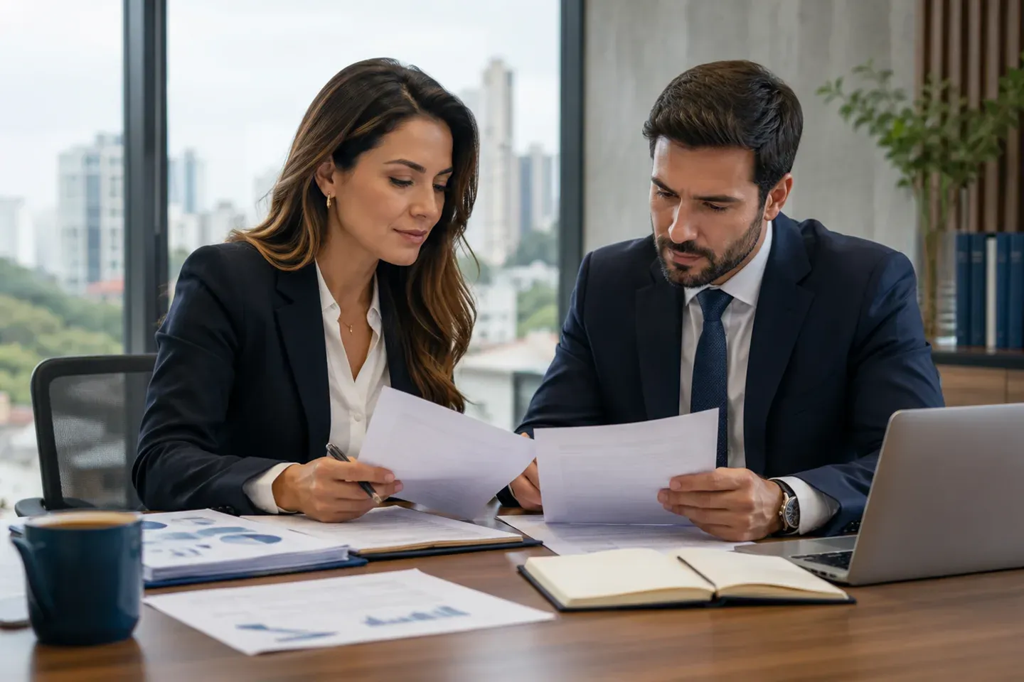 Advogada e executivo comparando documentos de uma apólice em um escritório