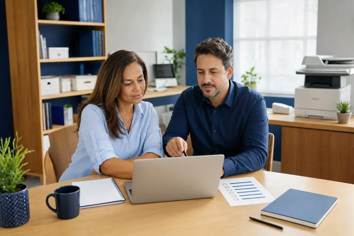 Empresária e consultor revisando um plano de segurança digital em um pequeno escritório