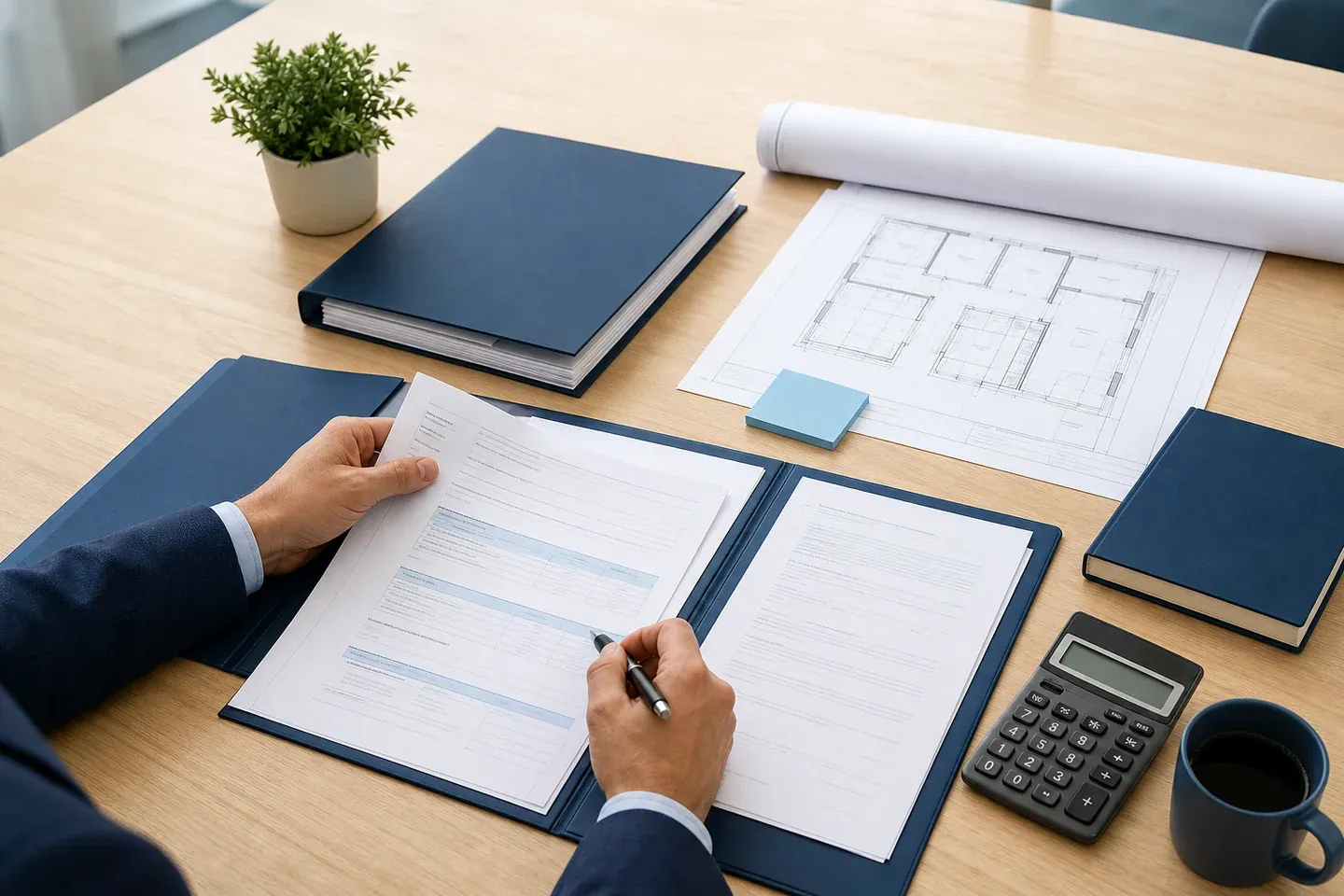 Profissional revisando documentos contratuais e plantas em uma mesa organizada