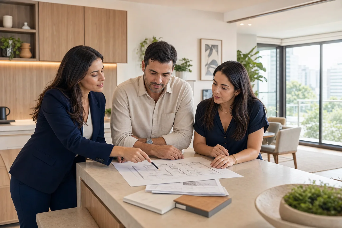 Casal e consultora analisando a planta de um imóvel