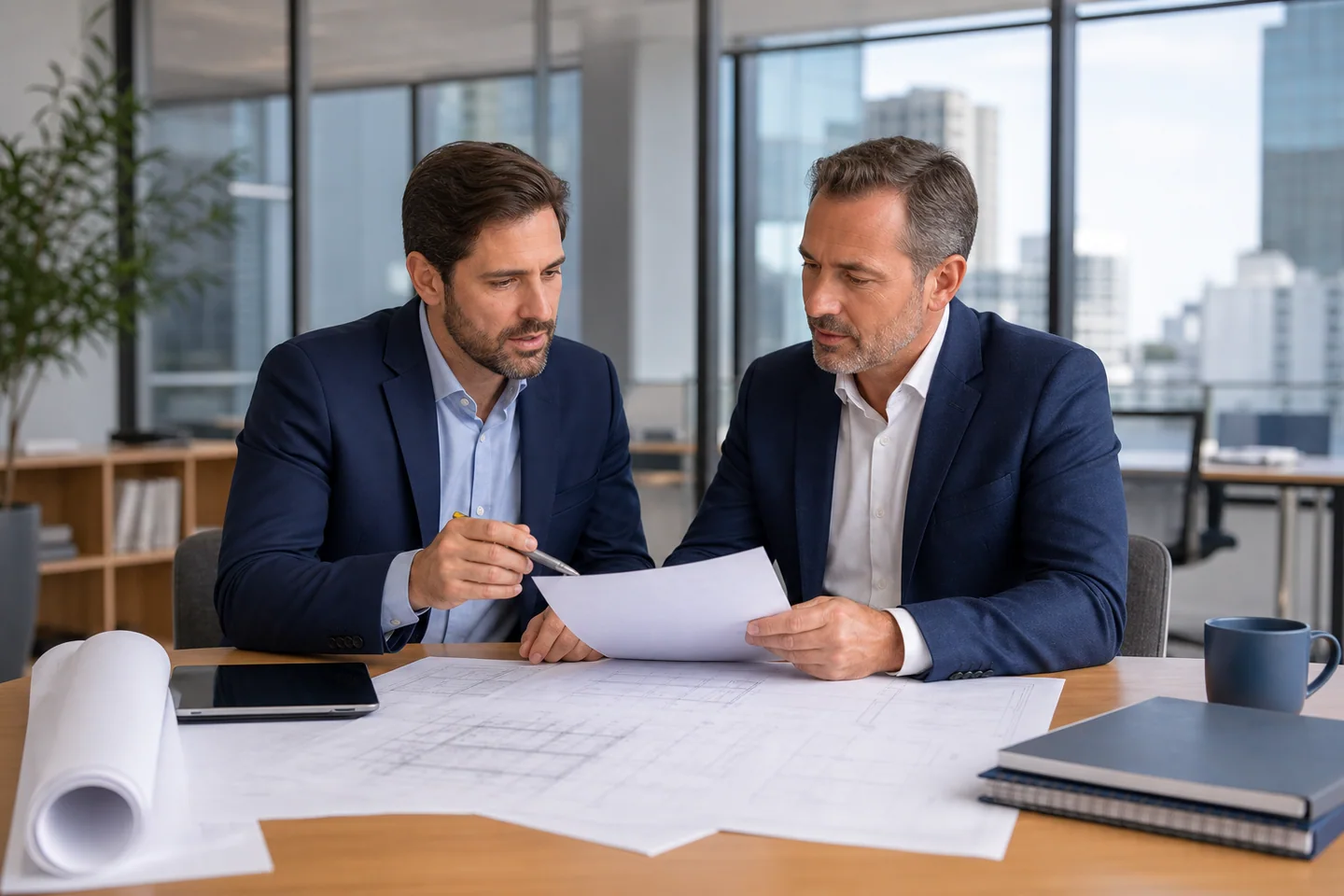 Consultores analisando contrato e plantas de um projeto